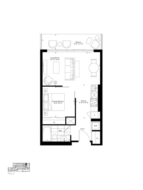 Floor plan for 1 bed, 1 bath, 539 sqft